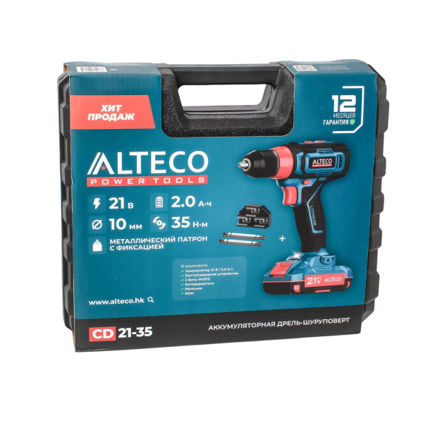 Изображение аккумуляторная дрель шуруповёрт alteco (21 в / 2 а·ч / 32 н·м / 1250 об/мин) cd 21-35 