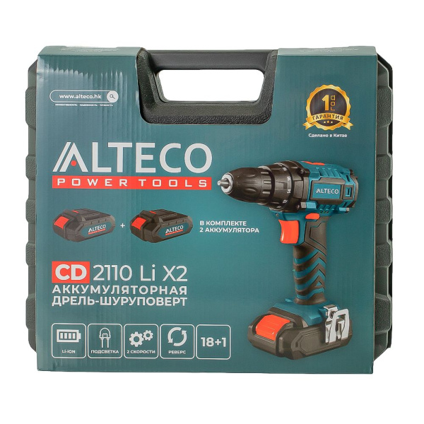 Изображение аккумуляторная дрель шуруповёрт alteco (18 в /2 а·ч /1250 об/мин / 32 н·м) cd 2110 li x2