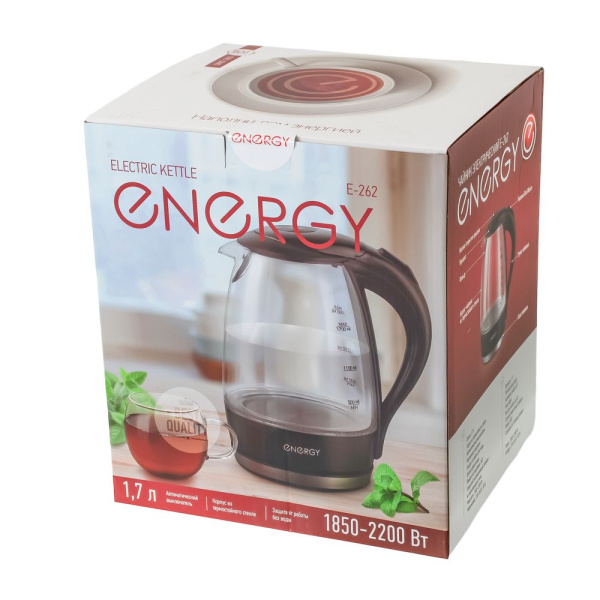 Изображение чайник energy e-262 (1.7л) стекло, пластик, мощность 1850-2200 вт