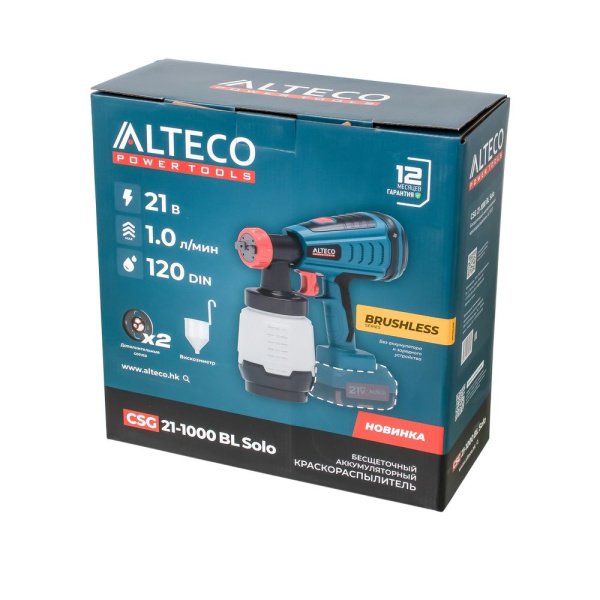 Изображение аккумуляторный краскопульт alteco solo csg 21-1000 bl бесщеточный, 21 в / 3 а·ч