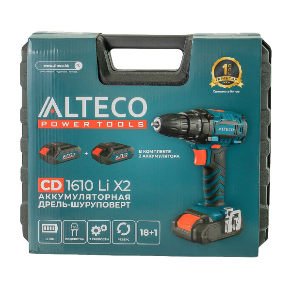 Изображение аккумуляторная дрель шуруповёрт alteco (16 в /1.5 а·ч /1250 об/мин /28 н·м) cd 1610 li x2 