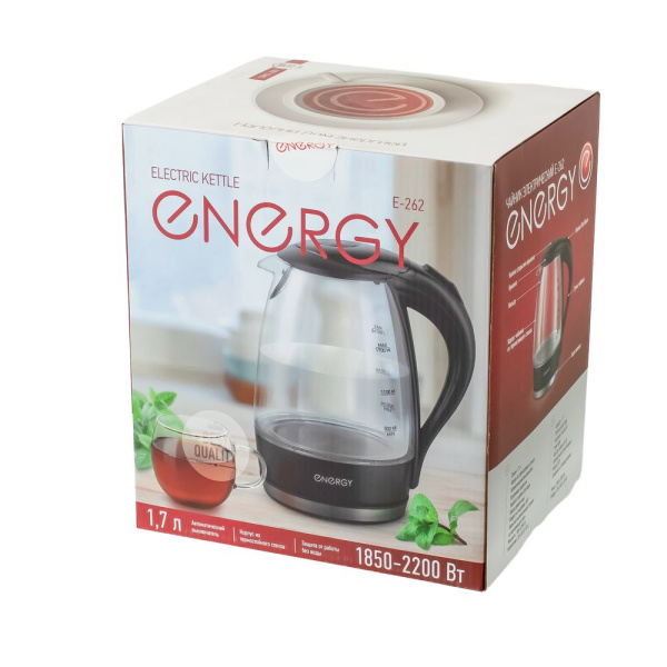Изображение чайник energy e-262 (1.7л) стекло, пластик белый, мощность 1850-2200 вт