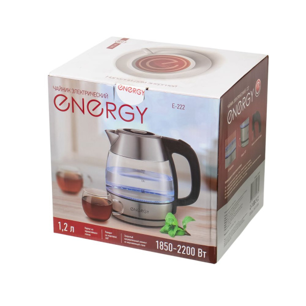 Изображение чайник energy e-222 (1,2 л), стекло, пластик, цвет черный, мощность 1850-2200 вт