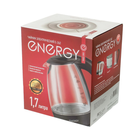 Изображение чайник energy e-262 (1.7л) стекло, пластик белый, мощность 1850-2200 вт